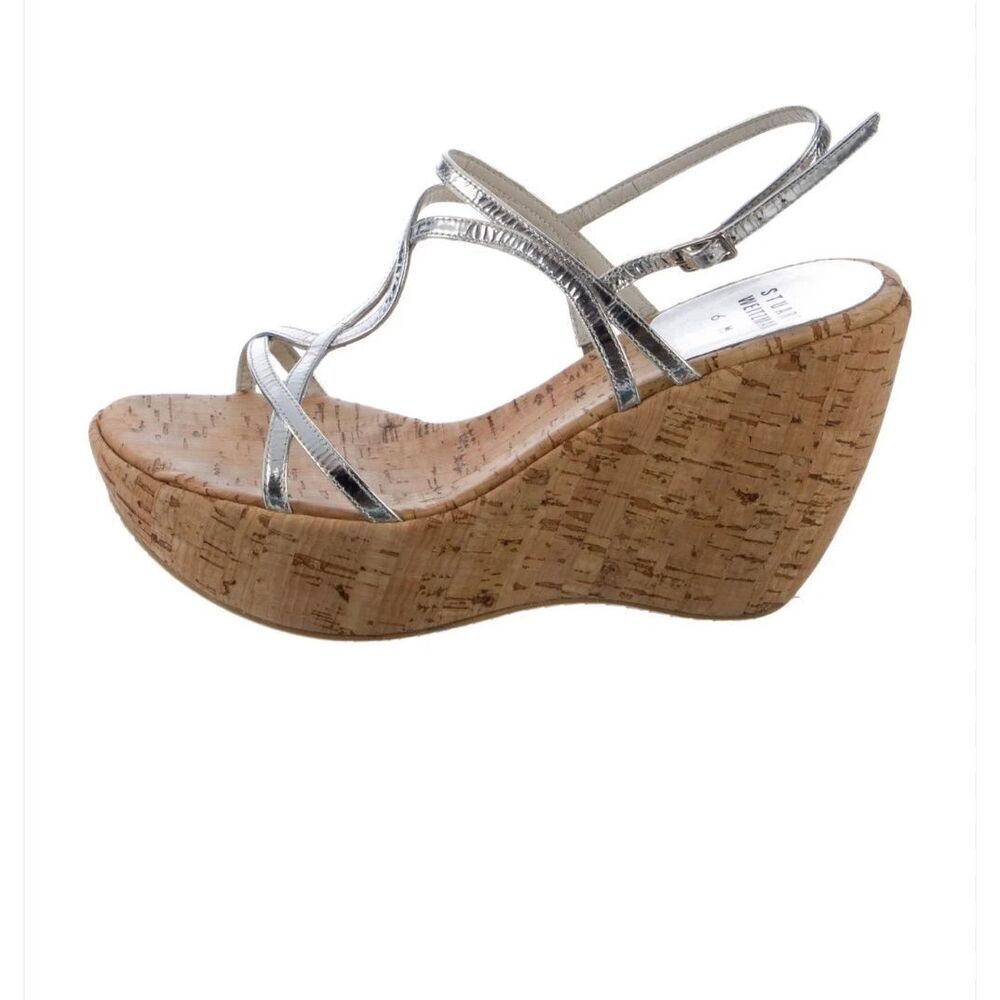Stuart Weitzman Leather T Silver Strap Wedge Sandals size 10